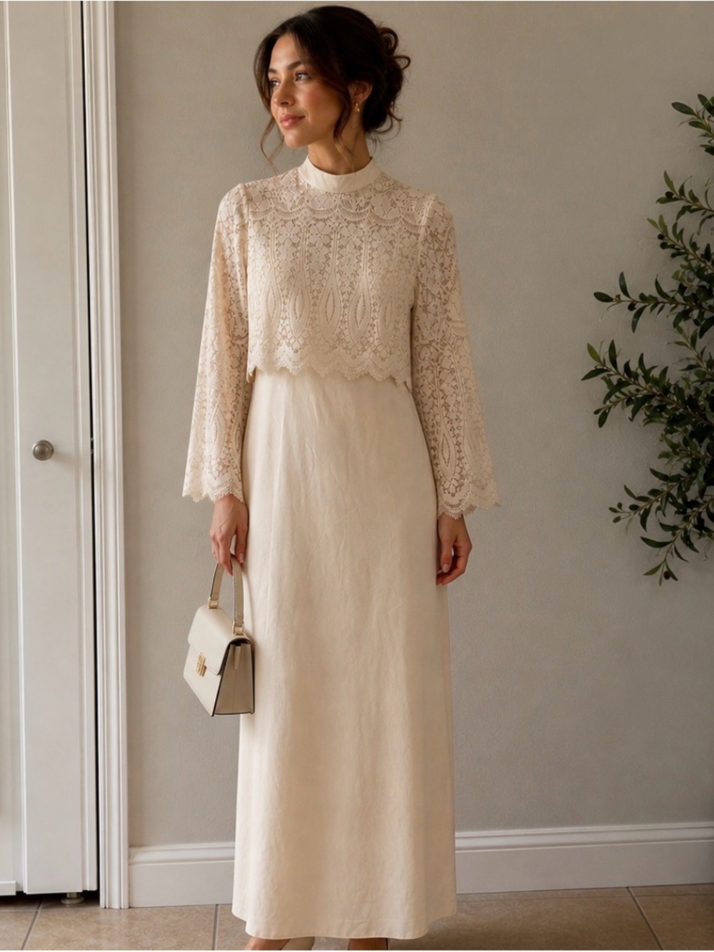 Vintage 70s 60s Maxi Dress Women’s S/M Ivory Lace Bell Sleeves Boho Hippie